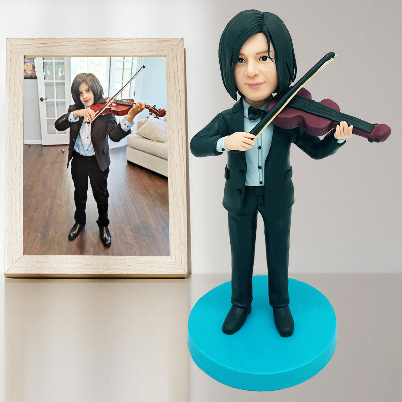 Custom Bobbel Head 1 Child And 1 Violin Handmade Clay Figurine