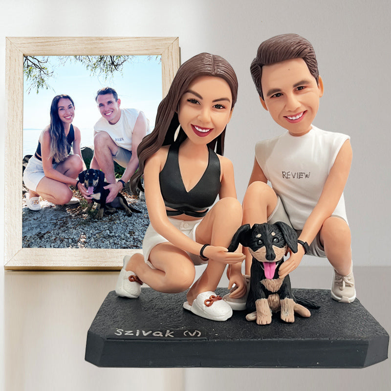 Hand Made Sculpture 2 Person and 1 Pet Clay Doll Valentine&