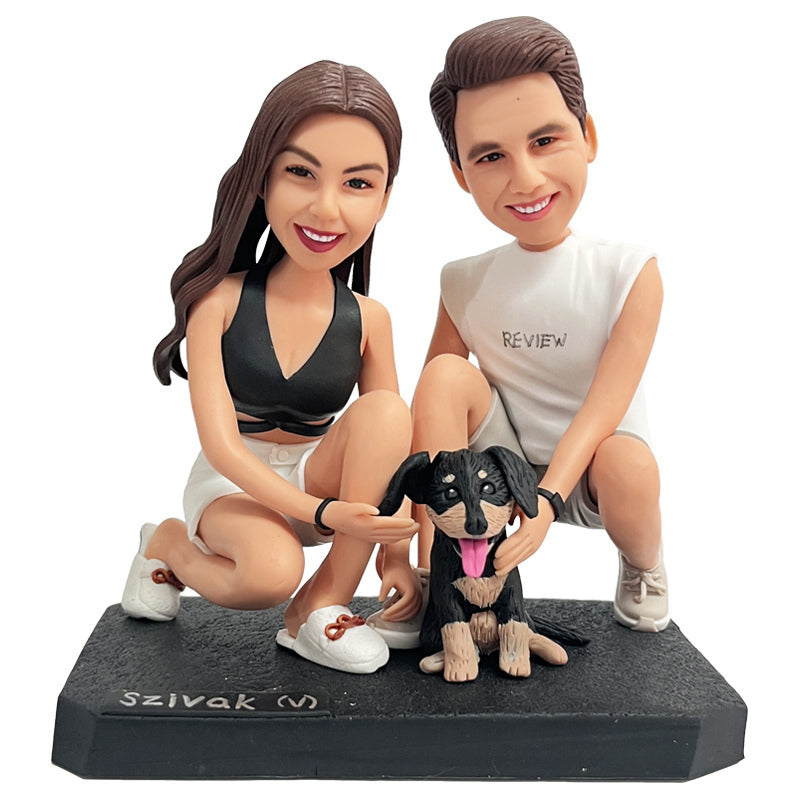 Hand Made Sculpture 2 Person and 1 Pet Clay Doll Valentine&
